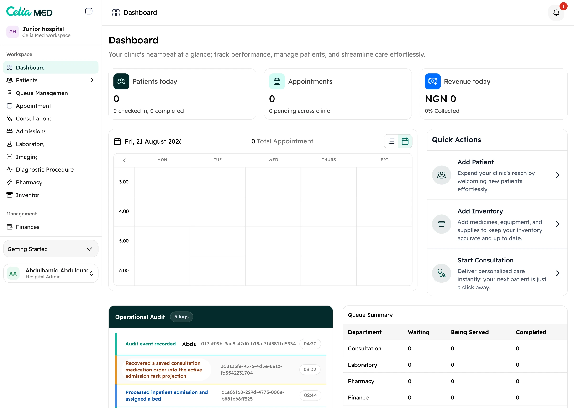 Celia Med Hospital OS dashboard showing patient, appointment, revenue, queue, and operational summaries